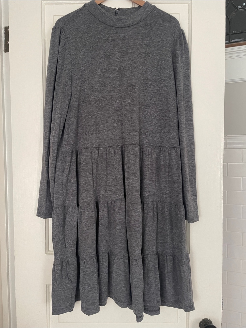 Ann Taylor Charcoal Gray Long Sleeve Tiered Midi Jersey Dress